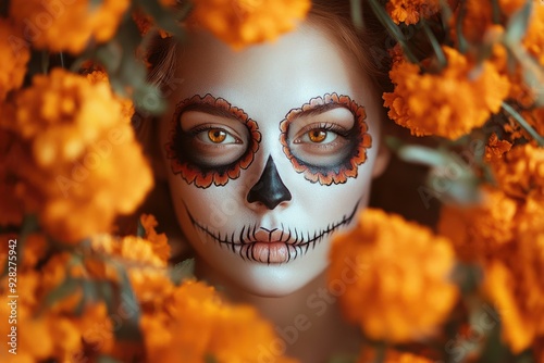 High-resolution brightly lit photorealistic photograph of a young woman with Mexican skull make-up art, her face framed by marigolds, symbolizing the cultural significance of DÃ­a de los Muertos. The photo