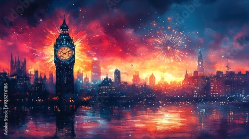 Stunning sunset view over the city skyline, featuring fireworks and a prominent clock tower illuminating the vibrant night sky.