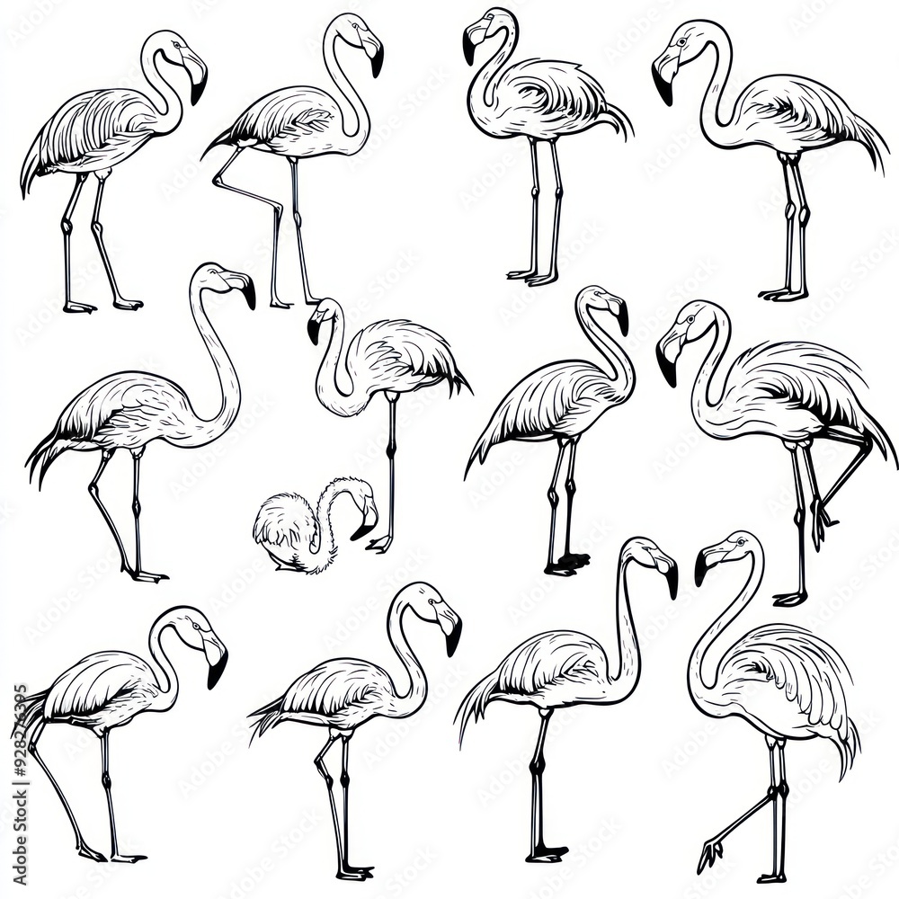 Obraz premium A collection of illustrated flamingos in various poses and arrangements.