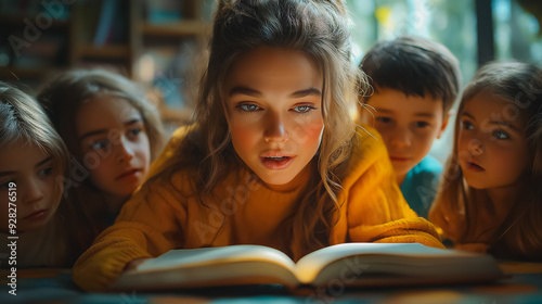 A girl is reading a book while her friends look on. The scene is casual and relaxed, with the children gathered around her. The girl in the yellow sweater seems to be enjoying the book