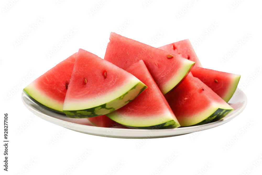 A Summertime Feast of Watermelon Slices on a White Plate on a White or Clear Surface PNG Transparent Background. A Summertime Feast of Watermelon Slices on a White Plate on a White or Clear Surface PNG Transparent Background.