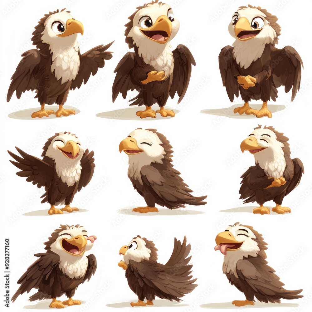 Naklejka premium A collection of cartoon eagle characters displaying various emotions and poses.