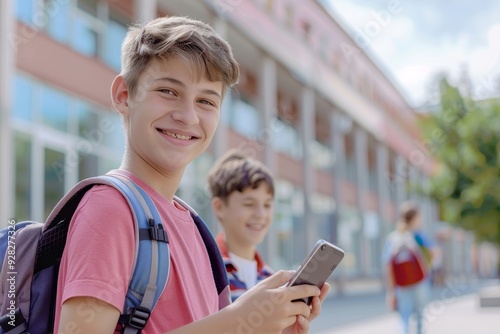 Young students smiling exciting for the first day of school. Happy boys with backpack using smartphone walking to the institute for the begin of the new school year. Youth educational, Generative AI