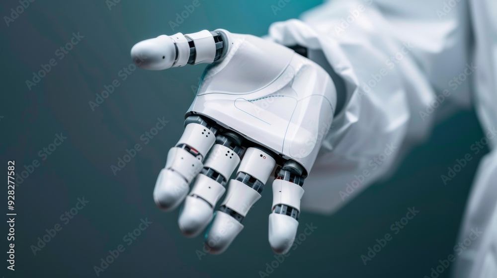 A futuristic robotic hand reaching out, showcasing advanced technology and innovative design in human-like interaction. A futuristic robotic hand reaching out, showcasing advanced technology and innovative design in human-like interaction.