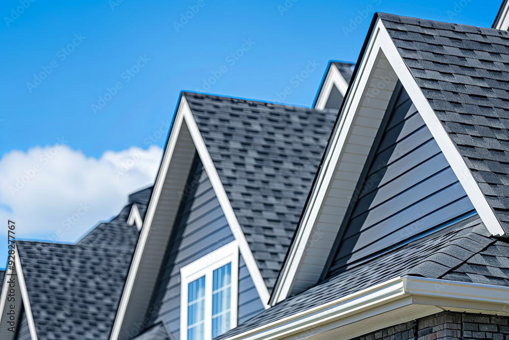 Houses with shingle roofs against blue sky Houses with shingle roofs against blue sky