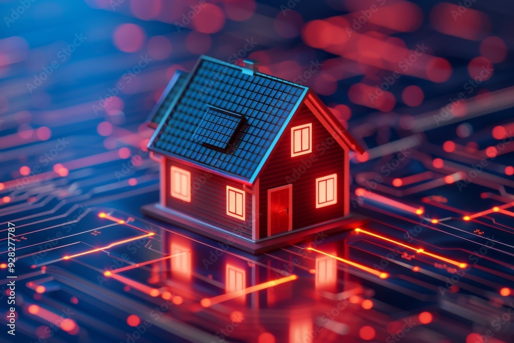 A modern house model with solar panels sits on a futuristic circuit board, symbolizing technology and sustainable living. A modern house model with solar panels sits on a futuristic circuit board, symbolizing technology and sustainable living.