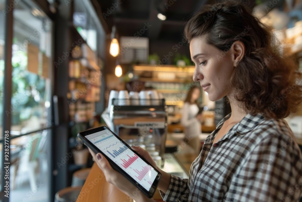 Fototapeta premium Woman with tablet analyzing financial data, working remotely, cafe background