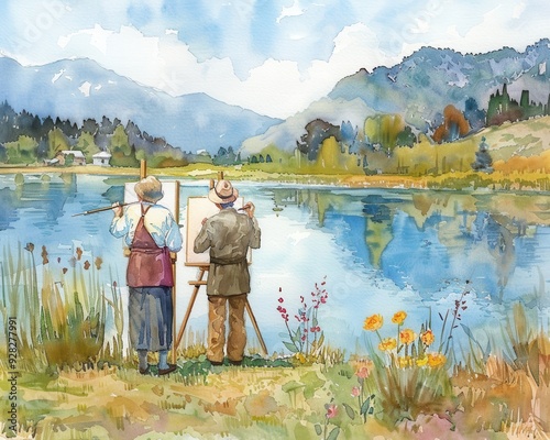 Watercolor of seniors enjoying a quiet afternoon painting by a lake, creativity and peace intertwined