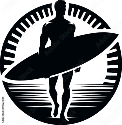 surfer stands with his surfboard black illustration on a white background