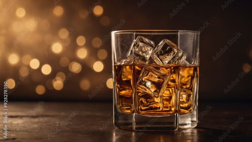 Glass of whiskey with ice cubes on a warm-toned background, studio shot Luxury and relaxation concept. Glass of whiskey with ice cubes on a warm-toned background, studio shot Luxury and relaxation concept.