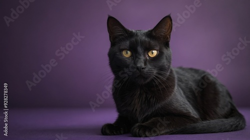 Close up of a black cat on purple background. photo