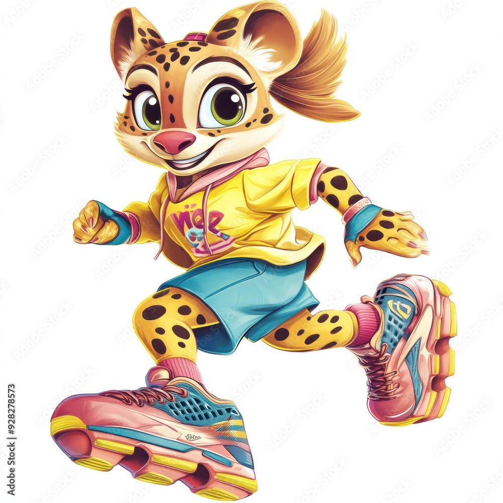 A playful cartoon character, a cheetah, roller-skating in sporty attire. A playful cartoon character, a cheetah, roller-skating in sporty attire.