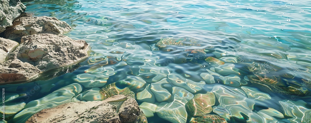 Rocky beach with crystal clear water, 4K hyperrealistic photo Rocky beach with crystal clear water, 4K hyperrealistic photo