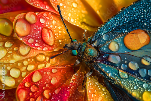 Vibrant Macro of Dew-Covered Butterfly on Colorful Flower Petal, Close-Up of Water Droplets photo