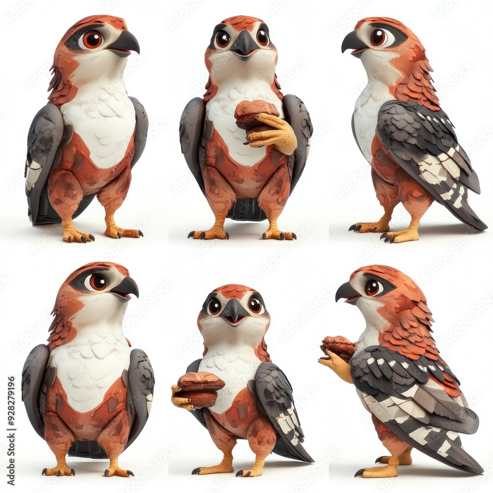 Fototapeta premium A cartoonish hawk character holding a donut, showcasing various poses and expressions.