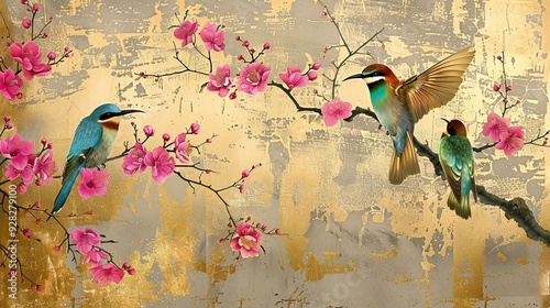 birds on a branch painting in chinoiseries style. brass background	 photo