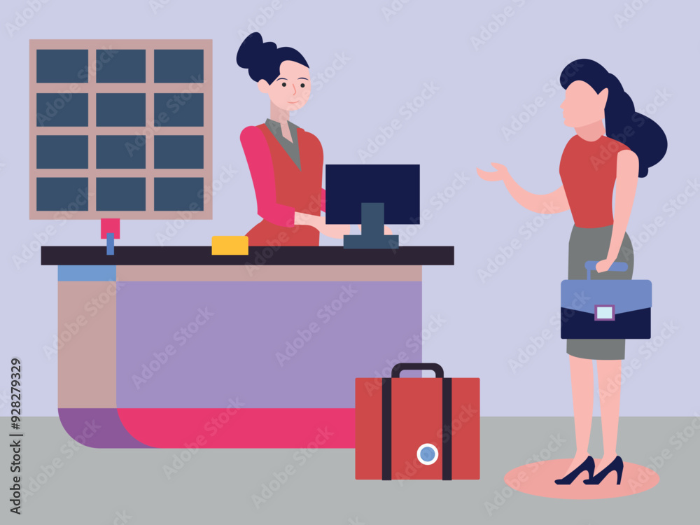 The girl is talking to the reception girl. The girl is talking to the reception girl.
