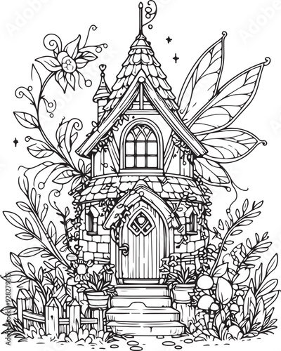 Fairy house line art coloring book illustration for kids