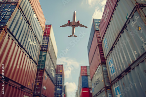 Container terminal with plane flying above, cargo transport concept