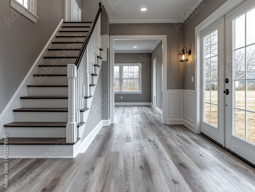 Obraz na płótnie Modern Farmhouse Foyer with Gray LVP Flooring w salonie
