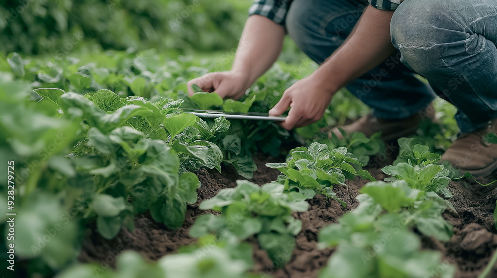 A man is kneeling down in a field of green plants, holding a tablet in his hand. He is likely taking pictures or recording data about the plants. Concept of curiosity and interest in the natural world A man is kneeling down in a field of green plants, holding a tablet in his hand. He is likely taking pictures or recording data about the plants. Concept of curiosity and interest in the natural world