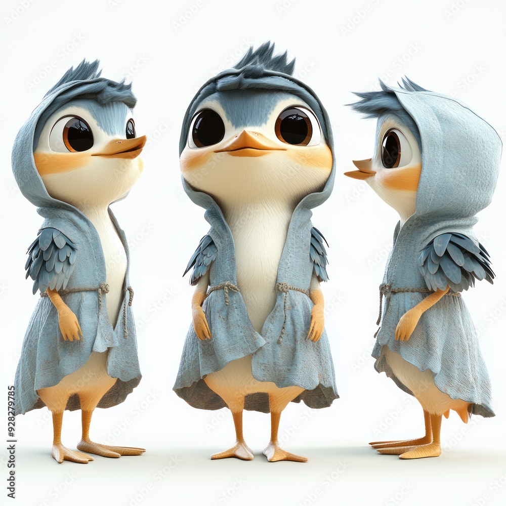 Fototapeta premium A cute animated bird character wearing a blue hooded cloak, shown from multiple angles.