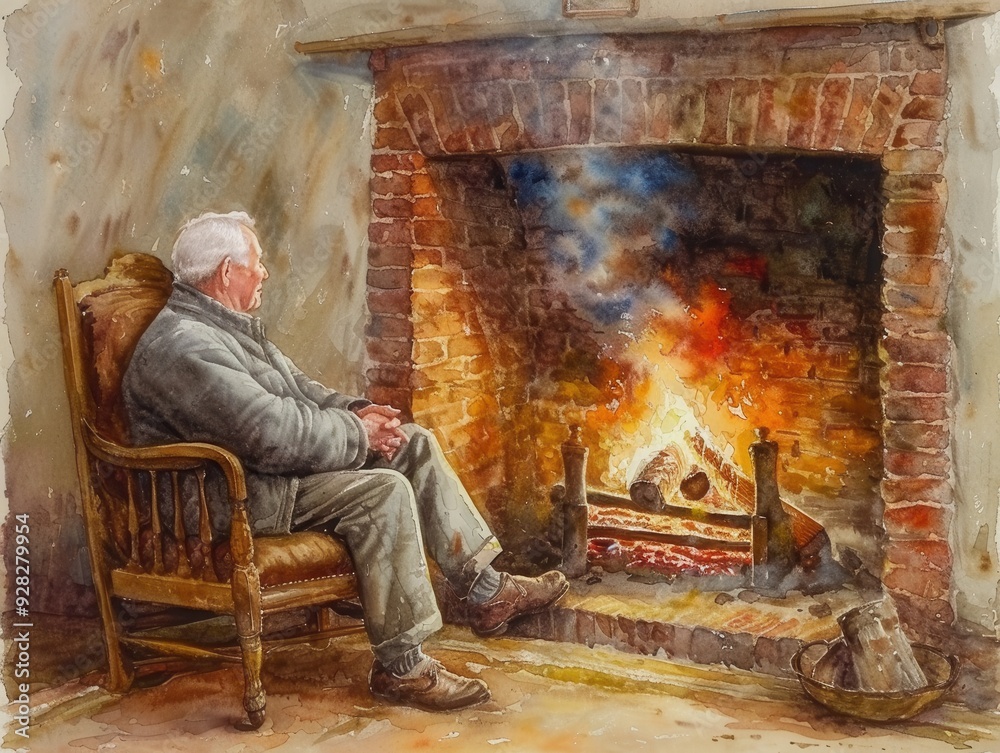 Fototapeta premium Serenity by the Fireplace - Peaceful Reflections of an Elderly Man in Soft Watercolors