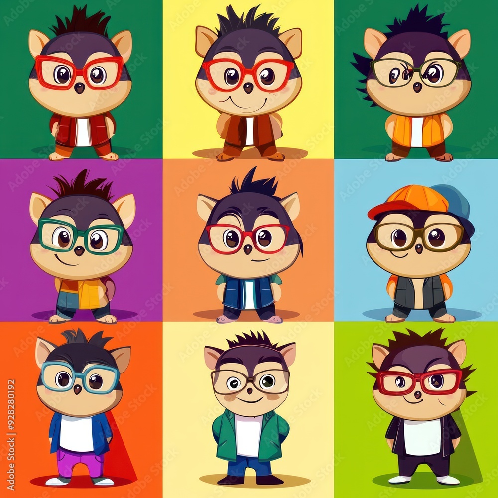 A grid of cartoon hedgehogs in various outfits and expressions. A grid of cartoon hedgehogs in various outfits and expressions.