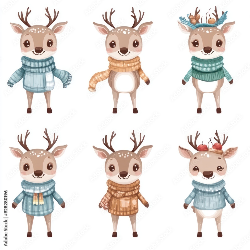 Fototapeta premium A collection of cute cartoon deer wearing colorful sweaters and accessories.