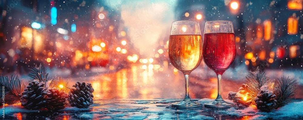 Two elegant wine glasses with colorful drinks, set against a festive, snow-covered street during a joyful winter evening. Two elegant wine glasses with colorful drinks, set against a festive, snow-covered street during a joyful winter evening.