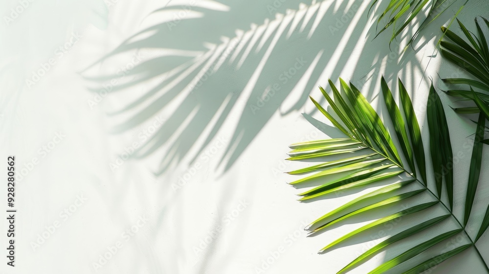 Overhead image of palm leaf and shadow on a solid white backdrop, clean design Overhead image of palm leaf and shadow on a solid white backdrop, clean design