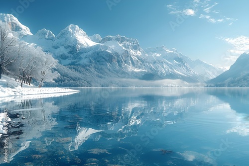 a body of water with snow covered mountains in the background.