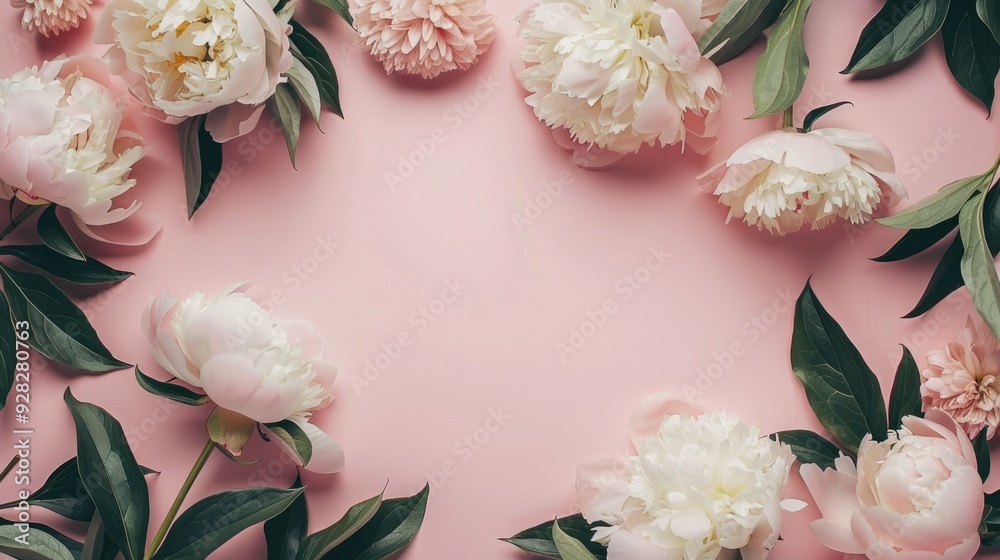 A stylish flat lay arrangement showcasing a frame of beautiful peony flowers on a blush pink background, offering a chic and sophisticated design element for enhancing various creative projects. A stylish flat lay arrangement showcasing a frame of beautiful peony flowers on a blush pink background, offering a chic and sophisticated design element for enhancing various creative projects.