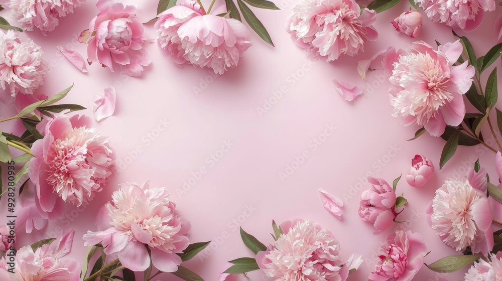 Peony blooms arranged in a circular pattern on a light pink surface, forming a visually appealing frame with negative space in the center. Peony blooms arranged in a circular pattern on a light pink surface, forming a visually appealing frame with negative space in the center.