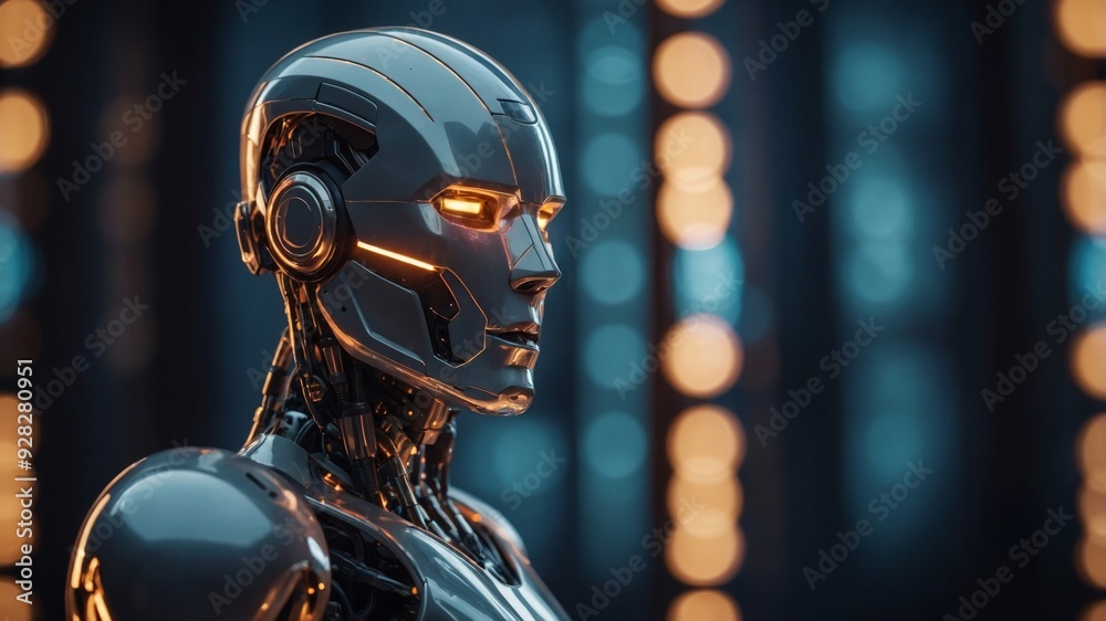 Futuristic robot with glowing lights in a bokeh background, technological innovation concept.