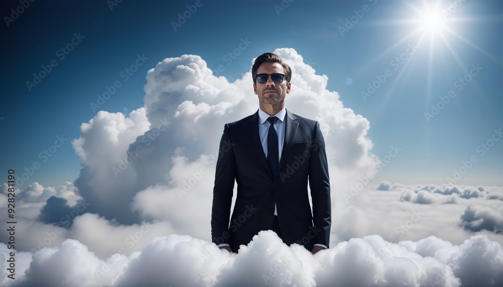 Handsome young business man thinking among the clouds Handsome young business man thinking among the clouds