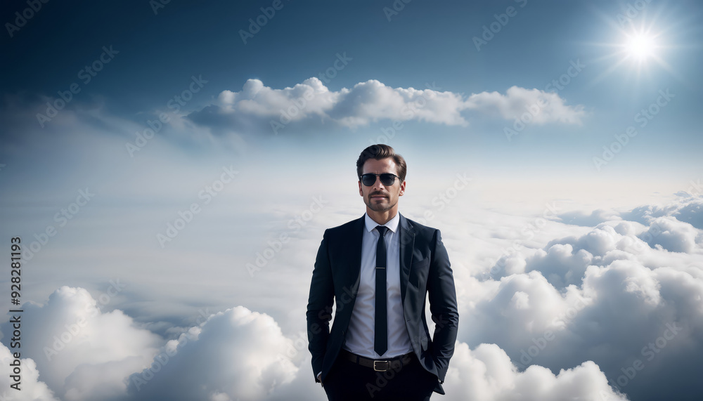 Handsome young business man thinking among the clouds Handsome young business man thinking among the clouds