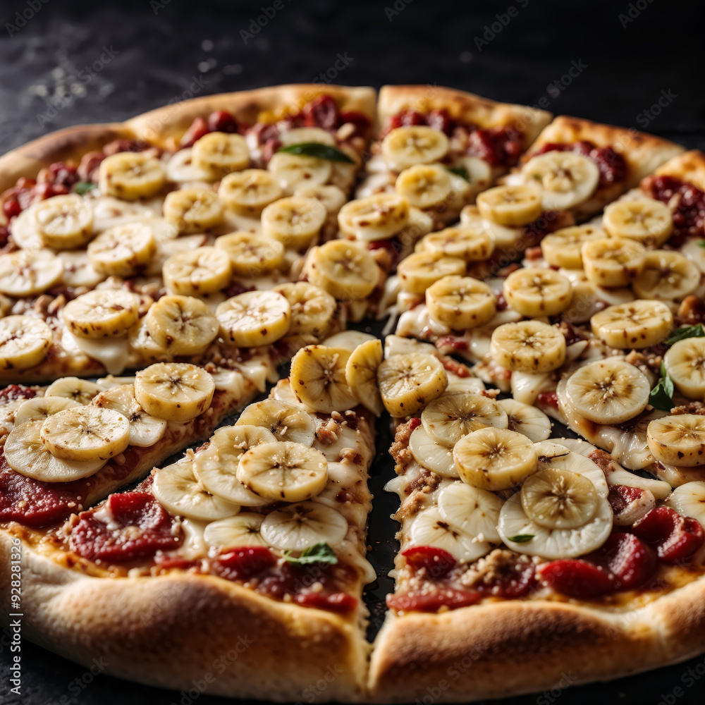 Delicious round banana pizza on a wooden table Delicious round banana pizza on a wooden table