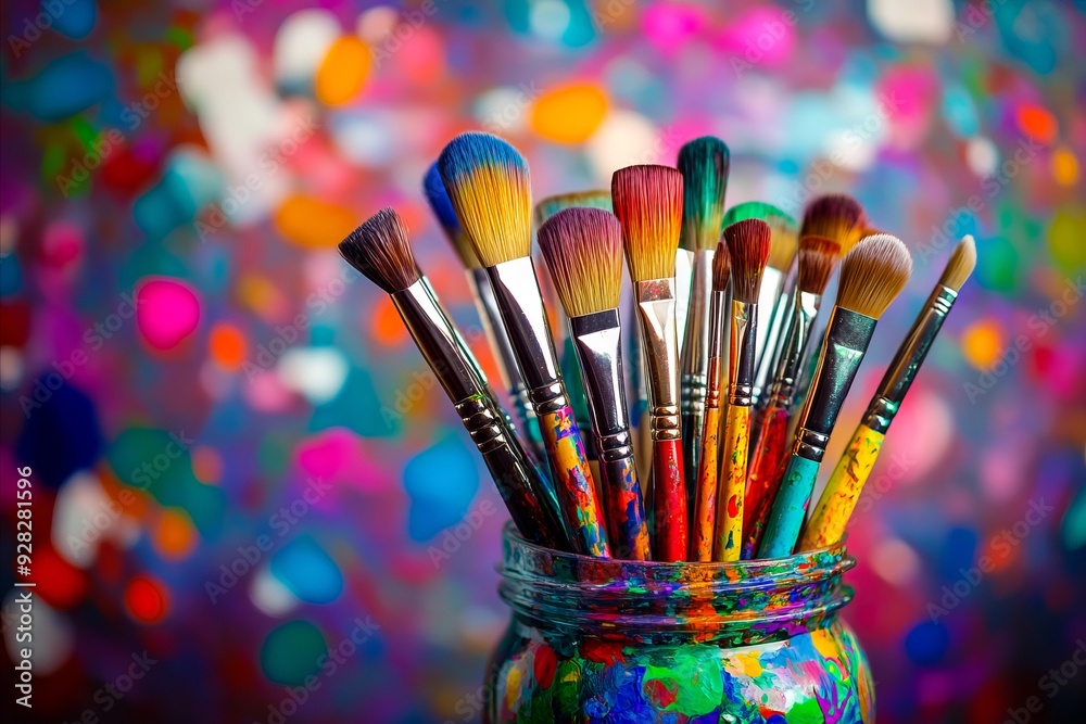 A jar full of paint brushes sitting on top of a table A jar full of paint brushes sitting on top of a table