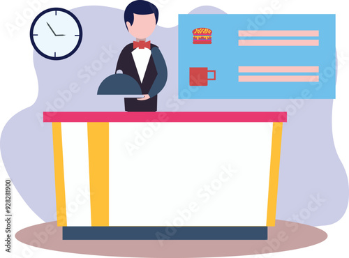 The waiter is standing at the food counter.
