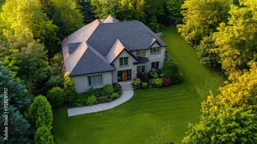 Aerial perspective of a charming, popular house with a large yard, surrounded by copy space.