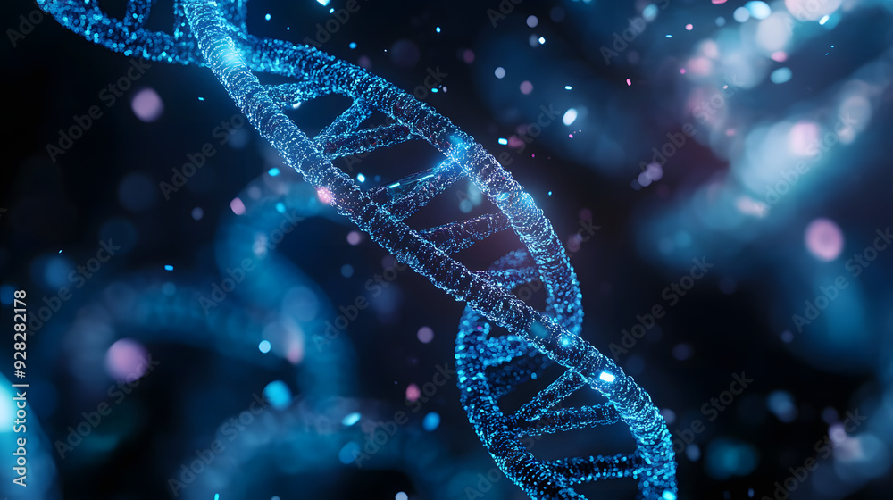 A close-up shot of a DNA double helix model rendered with a futuristic digital interface overlay, showcasing the intricate molecular structure A close-up shot of a DNA double helix model rendered with a futuristic digital interface overlay, showcasing the intricate molecular structure