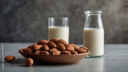 image the in content additional for area blank a with table a on milk almond of bottle glass a to next sits almonds with bowl A.