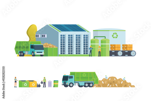 Green waste recycling plant. Modern flat style, Eco factory illustration. Dump truck and waste management building.