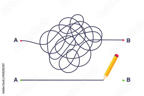 Complex and easy simple way from point A to B vector illustration. Chaos simplifying, problem solving and business solution searching challenge concept. Hand drawn doodle scribble chaos path lines.