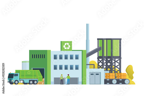 Green waste recycling plant. Modern flat style, Eco factory illustration. Dump truck and waste management building.