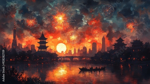 Vibrant city skyline at sunset featuring colorful fireworks over a tranquil river with traditional structures.