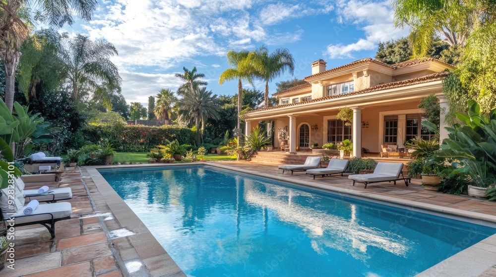 Fototapeta premium Grand estate with a pool and garden, offering a serene setting with ample copy space.