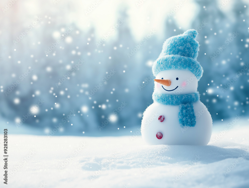 A cheerful snowman standing in a snowy field wearing a light blue hat and scarf. The snowman’s carrot nose and smile add to the joyful winter atmosphere, with a soft, blurred background. A cheerful snowman standing in a snowy field wearing a light blue hat and scarf. The snowman’s carrot nose and smile add to the joyful winter atmosphere, with a soft, blurred background.