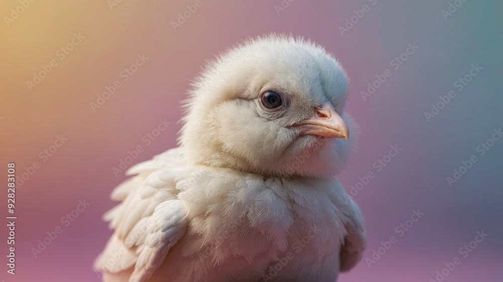 White chick peeking over pastel bright background Creative animal concept. White chick peeking over pastel bright background Creative animal concept.